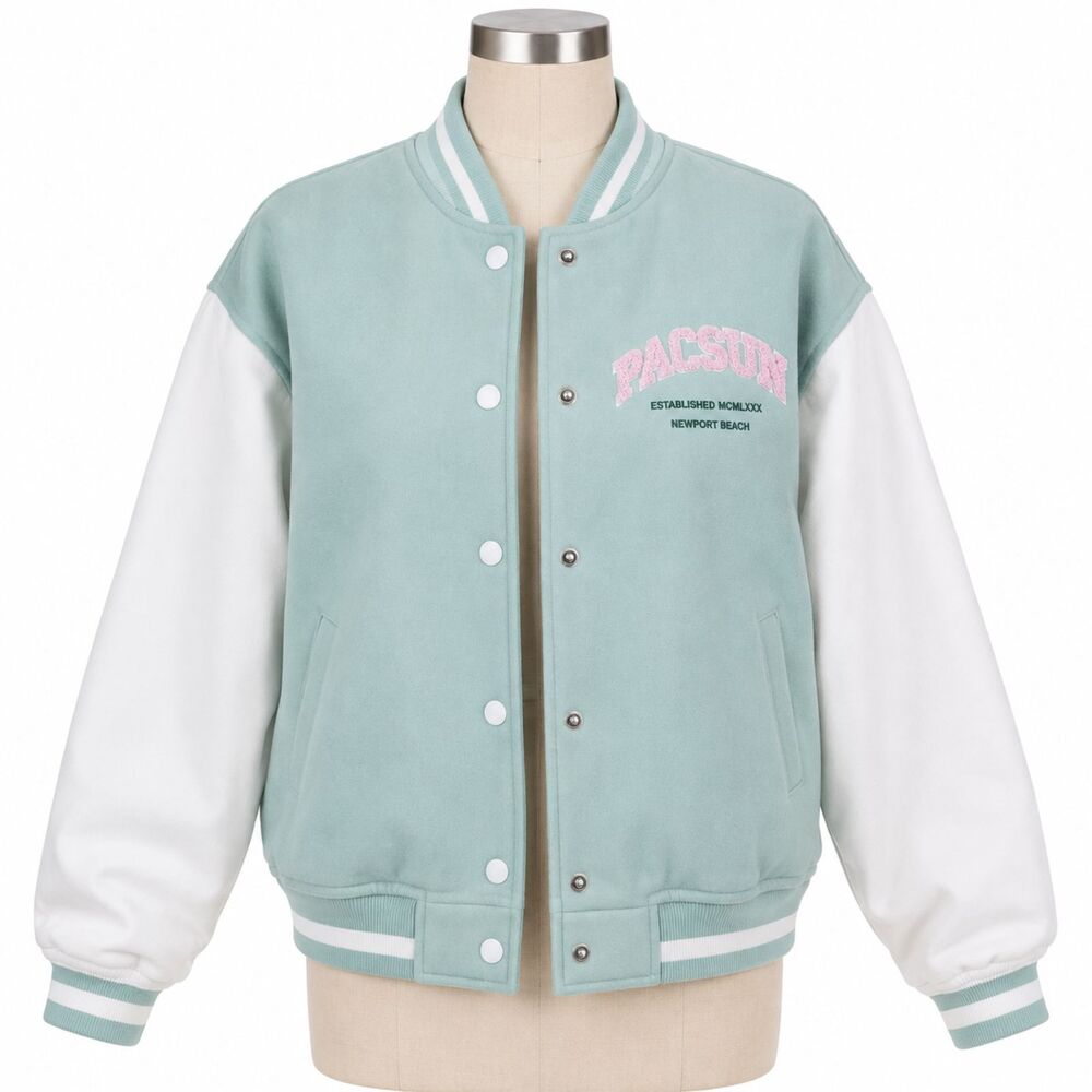 PacSun Newport Beach Varsity Jacket Womens XS/S Mint Green Ivory Oversized